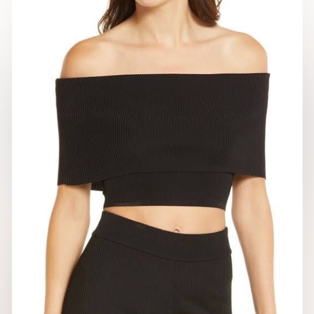 New Good American Off the shoulder Ribbed Crop Top Black